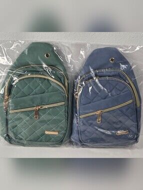 Set Of 2 Quilted Sling Backpack in Green & Blue - Casual Everyday Carry NEW